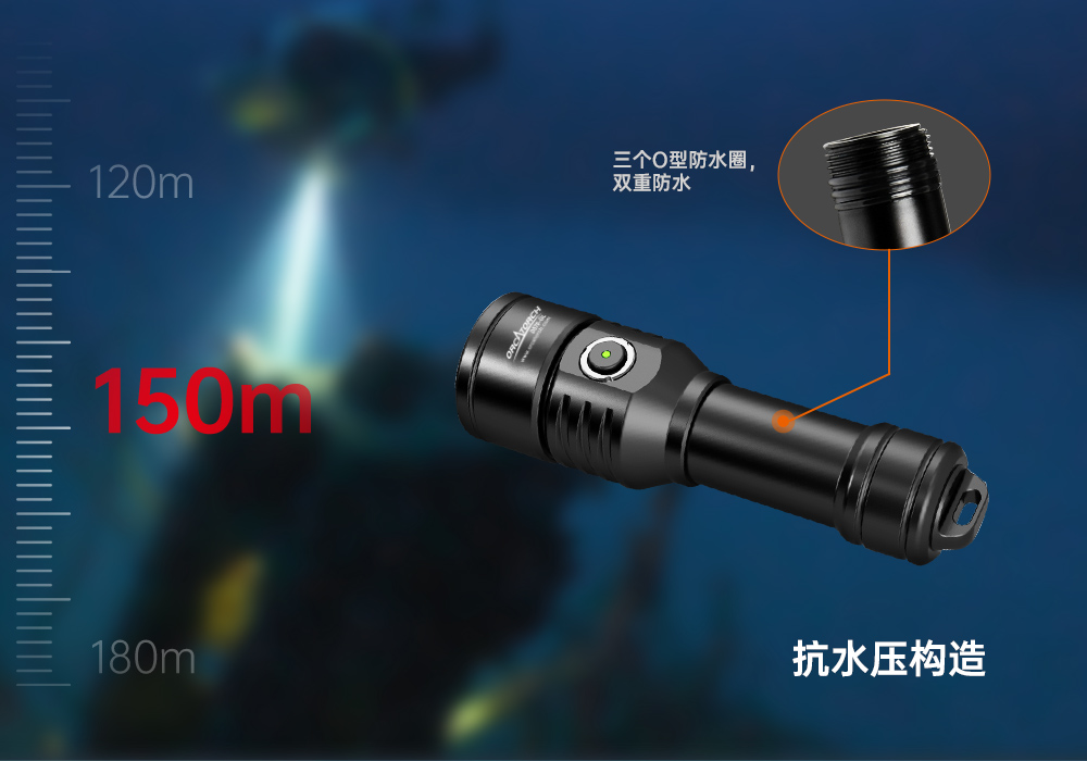 D570-RL激光潛水手電_紅光潛水手電筒(tǒng)_白光+紅激光潛水(shuǐ)手電筒_水下探索手電筒 虎(hǔ)鯨OrcaTorch